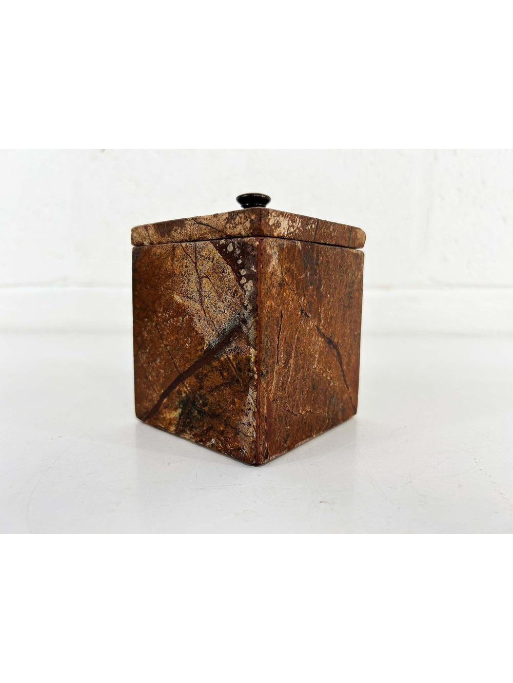 Vintage Marble Trinket Box Stone Boho Brown Lidded 1970s 1980s Bookshelf